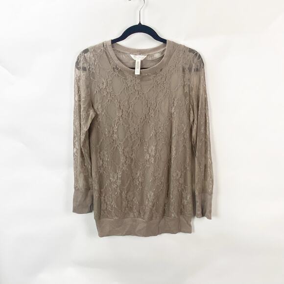 Three Season Maternity Mediums Womens Taupe Semi-Sheer Layer Lace Pullover Top - Picture 1 of 6